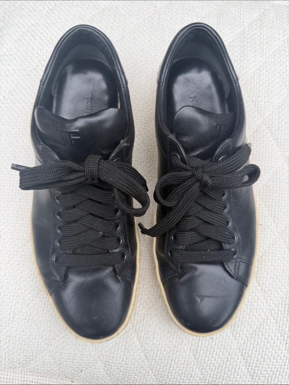 Tom Ford Black Leather Low-Top Sneakers with Cream Soles